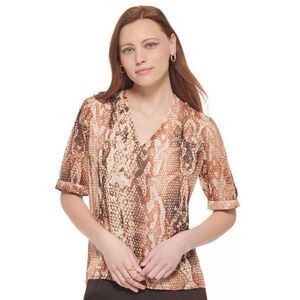 Calvin‎ Klein Women's Snakeskin Print Short Sleeve Top - Terra Multi/Size L